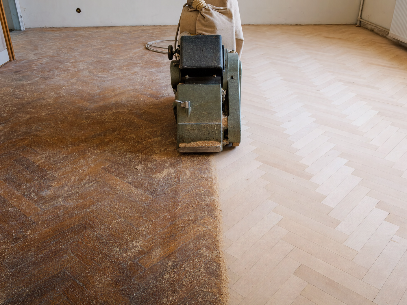 Machine de ponçage sur un vieux parquet